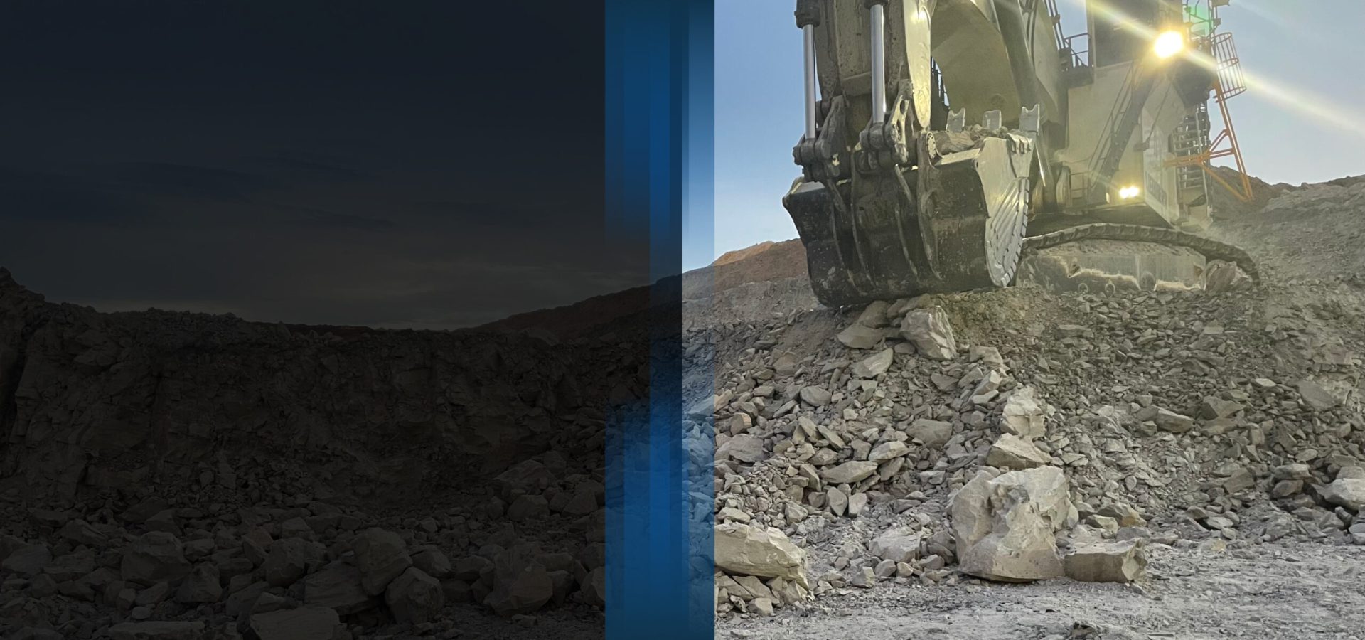 Heavy excavator working at an open-cut mining site, breaking and moving large rocks and rubble at CNO Mining